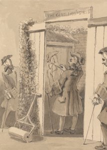 Hogarth, joka on aikansa ulkopuolella, piirtää kumppaninsa hahmon tietyn paikan ovelle kaikkien ystäviensä suureksi ihailuksi tekijältä John Thomas Smith