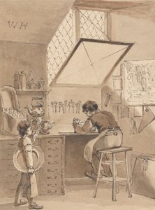 Hogarth kaivertaa mestarinsa myymälän - laskun enkelin merkin tekijältä John Thomas Smith