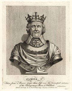 Englannin kuningas James I otettu pronssisesta rintakuvasta Whitehallin juhlasalin sisäänkäynnin yläpuolella tekijältä John Thomas Smith