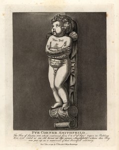 Pojan muistomerkki Pye Cornerilla, Smithfieldissä, Lontoon vuoden 1666 tulipalon merkeissä läheisellä Pudding Lane -kadulla tekijältä John Thomas Smith