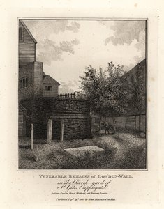Roomalaisen Lontoon muurin jäänteet St Gilesin kirkkopihalla, Cripplegate tekijältä John Thomas Smith