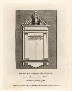 Sir Paul Pindarin muistomerkki lähellä ehtoollispöytää St Botolphissa, Bishopsgatessa tekijältä John Thomas Smith