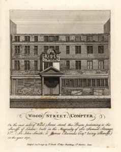 Wood Street Compter, Lontoon sheriffien omistama vankila, rakennettu Sir Samuel Strangen pormestarikuntaan vuonna 1670 tekijältä John Thomas Smith