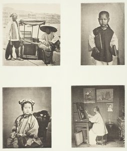 Hongkongin sedan-tuoli, kiinalainen koulupoika, kiinalainen tyttö, hongkongilainen taiteilija, n. 1868. tekijältä John Thomson
