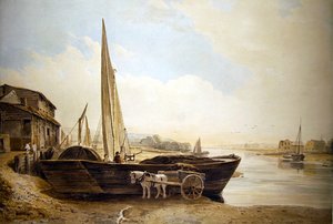 Thamesin proomu rantautuu purkausta varten (vesiväri, jossa on jälkiä lyijykynästä paperilla). tekijältä John Varley