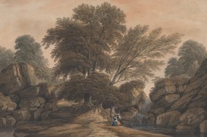 Figuurit vesiputouksen ja uima-altaan vieressä metsäisessä maisemassa, 1812.