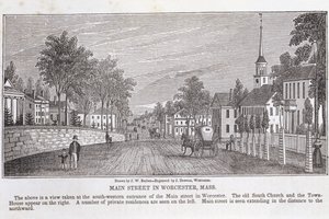 Pääkatu Worcesterissa, Historical Collections of Massachusettsista, John Warner Barber, kaiverrus J. Downes, 1839