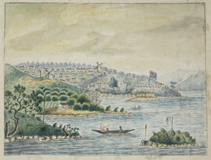 Lisätä. 13880, f.79 Näkymä Britannian siirtomaasta. Etualalla alkuasukkaat kanootissa, Minerva-kuljetuksessa pidetystä Journalista Irlannista Uuteen Etelä-Walesiin ja Bengaliin, kirjoittanut John Washington Price tekijältä John Washington Price