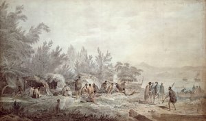 Kapteeni Cook Ship Cove -lahdessa, Queen Charlotte Soundissa tekijältä John Webber