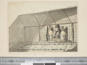 F.18 Talon sisäpuoli, Morai, Atooi, n. 1773-84 (akvarelli) tekijältä John Webber