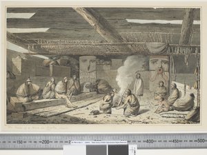 F.24 Talon sisäpuoli Nootka Soundissa, n. 1773-84 (akvarelli) tekijältä John Webber