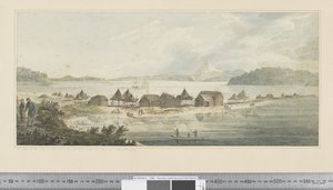 F.41 Näkymä Pyhän Pietarin ja Paavalin kaupunkiin ja satamaan Kamtschatkassa, n. 1783-84 (akvarelli) tekijältä John Webber