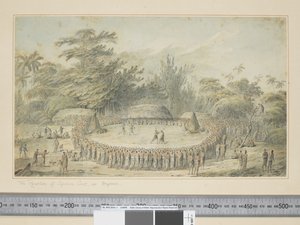 F.4 Kapteeni Cookin vastaanotto Hapaeessa, n. 1773-1784 (akvarelli- ja painokaiverrukset) tekijältä John Webber