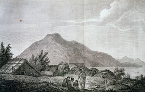 Hippan sisällä Motuaran saarella, perustuu John Webberin (1750-1793) piirustukseen, James Cookin (1776-1779) viimeisestä matkasta. kaiverrus tekijältä John Webber