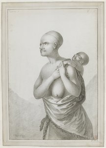[Koko piirustus] Tasmanialainen nainen, joka kantoi lasta selässään, ja hänen olkapäänsä vyötäröllä on iho. tammikuuta 1777 tekijältä John Webber