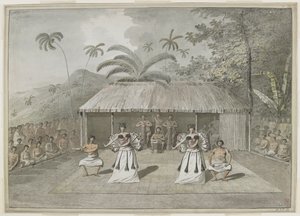 [Koko piirustus] Tanssi tai heiva Otaheitellä [Tahiti]. Kaksi miestä ja kaksi naista tanssivat, takana rumpali ja katsojia molemmilla puolilla. syyskuuta 1777 tekijältä John Webber