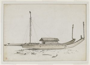 [Koko piirustus] Otaheiten [Tahiti] kaksoismatkakanootti, jossa taidokas kaiverrus tekijältä John Webber