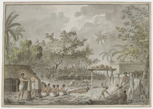 [Koko piirustus] Ihmisuhri suurella morailla Attahouroossa [Utuaimahuraussa] Tahitissa, kapteeni Cook todistajana 1. syyskuuta 1777. Sidottu hahmo etualalla, miehet kaivamassa kuoppaa ruumiille takana ja whatta sisältää kaksi koiraa ja thr tekijältä John Webber