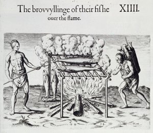 Cooking Fish, lautanen Thomas Harriotin (1560-1621) pubista "A Brief and True Report of the New Found Land of Virginia". 1590 tekijältä John White