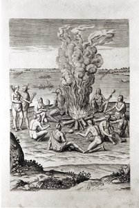 Intiaanit rukoilemassa tulen ympärillä, kaiverrus Hariotin kirjasta "A Briefe and True Report of... Virginia", 1590, kaivertanut Theodor de Bry (1528-98) tekijältä John White