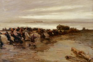 Pelastusveneen nostaminen, Holy Island, n. 1910-20 tekijältä John William Gilroy