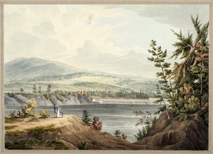 Hudson-joen silta lähellä Waterfordia, New Yorkissa, 1832 (akvarelli, guassi, selektiivinen lasitus, grafiitti ja raapiminen kortille asetettuun paperiin)
