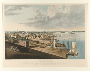 Philadelphia laivaston telakan laivatalosta etsimässä Delaware-jokea tekijältä John William Hill