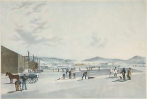 Rockland Lake - Jään leikkaaminen. Näkymä koillisesta, pub. 1849 tekijältä John William Hill