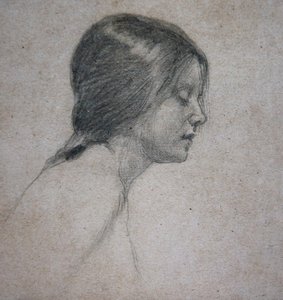 Nuoren tytön pää, n.1880 (lyijykynä paperille). tekijältä John William Waterhouse