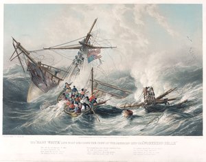 Pelastusvene Mary White pelastamassa amerikkalaisen Northern Belle -aluksen miehistöä. tekijältä John Wilson (after) Carmichael