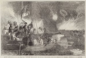 Kapteeni Glasse ja hänen pääinsinöörinsä, HMS Vulture, johtivat kranaatinheittimien korjausta Viaporin pommituksen aikana tekijältä John Wilson Carmichael