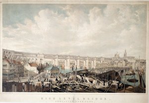 High Level Bridge, Newcastle upon Tyne, kaiverrus George Hawkins (1819-52) (käsin värjätty litho) tekijältä John Wilson Carmichael