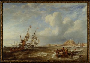 78 tonnin Brigantine "The Advocate" St. Helierin edustalla, Jerseyssä, 1749 tekijältä John Wilson Carmichael