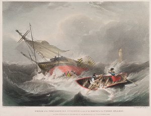 Forfarshire-höyrylaivan uppoaminen Farne-saarten (Englanti) kallioille sellaisena kuin se näkyi auringonnousun aikaan 7. syyskuuta. tekijältä John Wilson Carmichael