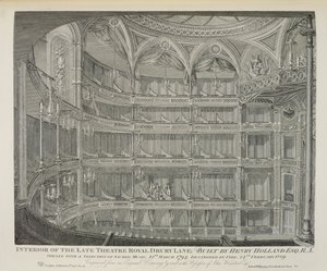 The Late Theatre Royalin sisustus, Drury Lane, Lontoo, Henry Hollandin rakentama, 1794, tulipalo tuhosi vuonna 1809, kaiverrus Dale, 1820 tekijältä John Winston