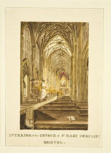 Näkymä Center Aisle of St Mary Redcliffe -näkymästä itään, jossa Hogarthin alttaritaulu, n. 1824 (kynä ja akvarelli paperilla) tekijältä John Withers