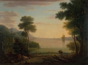Klassinen maisema hahmoilla ja eläimillä: Auringonlasku tekijältä John Wootton