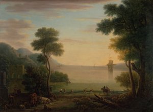 Klassinen maisema, jossa on hahmoja ja eläimiä: Auringonlasku