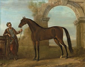 Godolphin Arabien, sulhanen hallussa, maisemassa, jossa on raunioitu kaari, 1731 tekijältä John Wootton