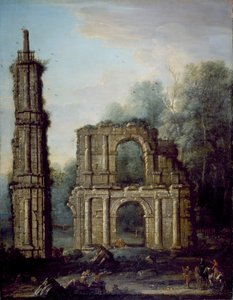 Holdenbyn linnan rauniot, Northamptonshire, n. 1735-1745 (öljy kankaalle) tekijältä John Wootton