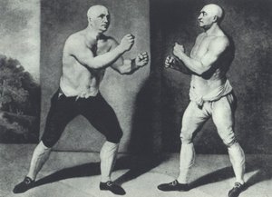 Varhaiset brittiläiset nyrkkeilijät, John Broughton (vas.) ja George Stevenson tappelivat vuonna 1741: Broughton keksi nyrkkeilyhanskan (mezzotint)