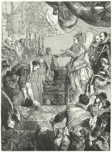 Sir Francis Drake vastaanottaa ritarikunnan kuningatar Elizabeth I:ltä, 1581 tekijältä John after Gilbert