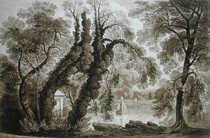 Näkymä temppelin suihkulähteelle vastakkaiselta puolelta, Sezincote, kaiverrettu Frederick Christian Lewis Snr. (1779-1856), n. 1817-18 (seepiaakvatinta) (katso myös 171661)