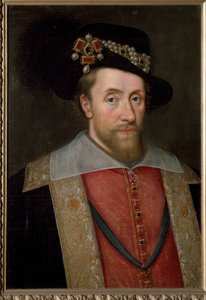 Englannin ja Irlannin kuninkaan James I muotokuva (James VI, Skotlannin kuningas), n. 1605 (maalaus) tekijältä John de (circle of) Critz