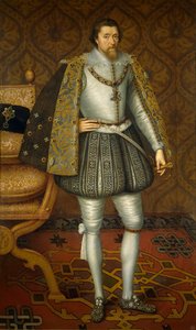 James VI ja I Englannista ja Irlannista - Muotokuva Englannin kuningas James I:stä (1566-1625), kirjoittanut De Critz (Decritz), John, Vanhin (1551/2-1642), n. 1605 - Öljy kankaalle