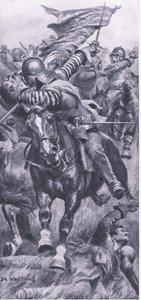 Luutnantti John Smith ottamassa takaisin kuninkaan lipun Edgehillissä, 23. lokakuuta 1642, kuva brittiläisistä taisteluista maalla ja merellä, 1915
