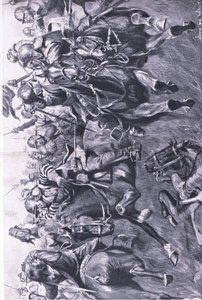 Marston Moor, 2. heinäkuuta 1644: Skotlannin ratsuväki Leslien johdolla hyökkäämässä prinssi Rupertsin kylkeä vastaan, kuva brittiläisistä taisteluista maalla ja merellä, 1915
