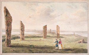 Näkymä kivipuoliympyrästä Stenhouse-järven rannalla Pomonan saarella tekijältä John the Younger Cleveley