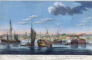 Näkymä Woolwichin kuninkaallisiin satamiin, Thamesin vasemmalla rannalla (Englanti), Kentin kreivikunnassa. John Clevely the Youngerin (1747-1786) väriseos. tekijältä John the Younger Cleveley