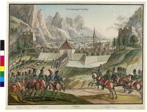 Luziensteigin valloitus Itävallan joukkojen toimesta 1799 (akvarelli) tekijältä Jokob Placidus Altmutter